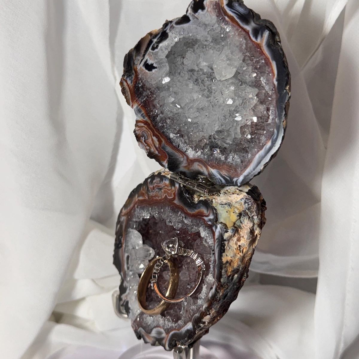 [shopname] - Brazilian Geode Ring Box with Sparkling Druzy Crystal Interior — Natural Agate Proposal Box, rock decor