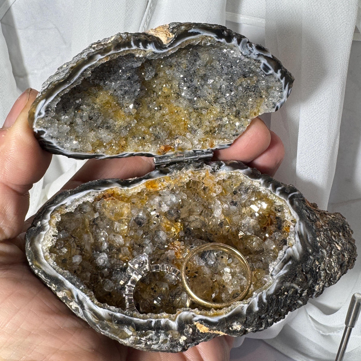 [shopname] - One-of-a-Kind Citrine Druzy Geode Ring Box — Natural Brazilian Agate Proposal Keepsake, rock decor