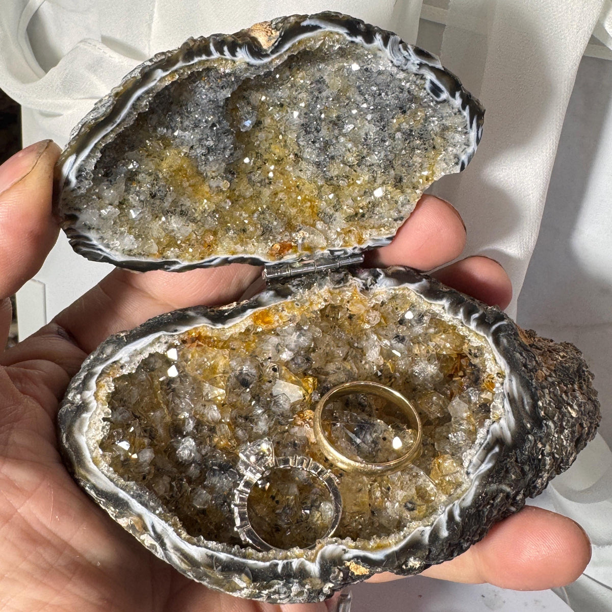 [shopname] - One-of-a-Kind Citrine Druzy Geode Ring Box — Natural Brazilian Agate Proposal Keepsake, rock decor
