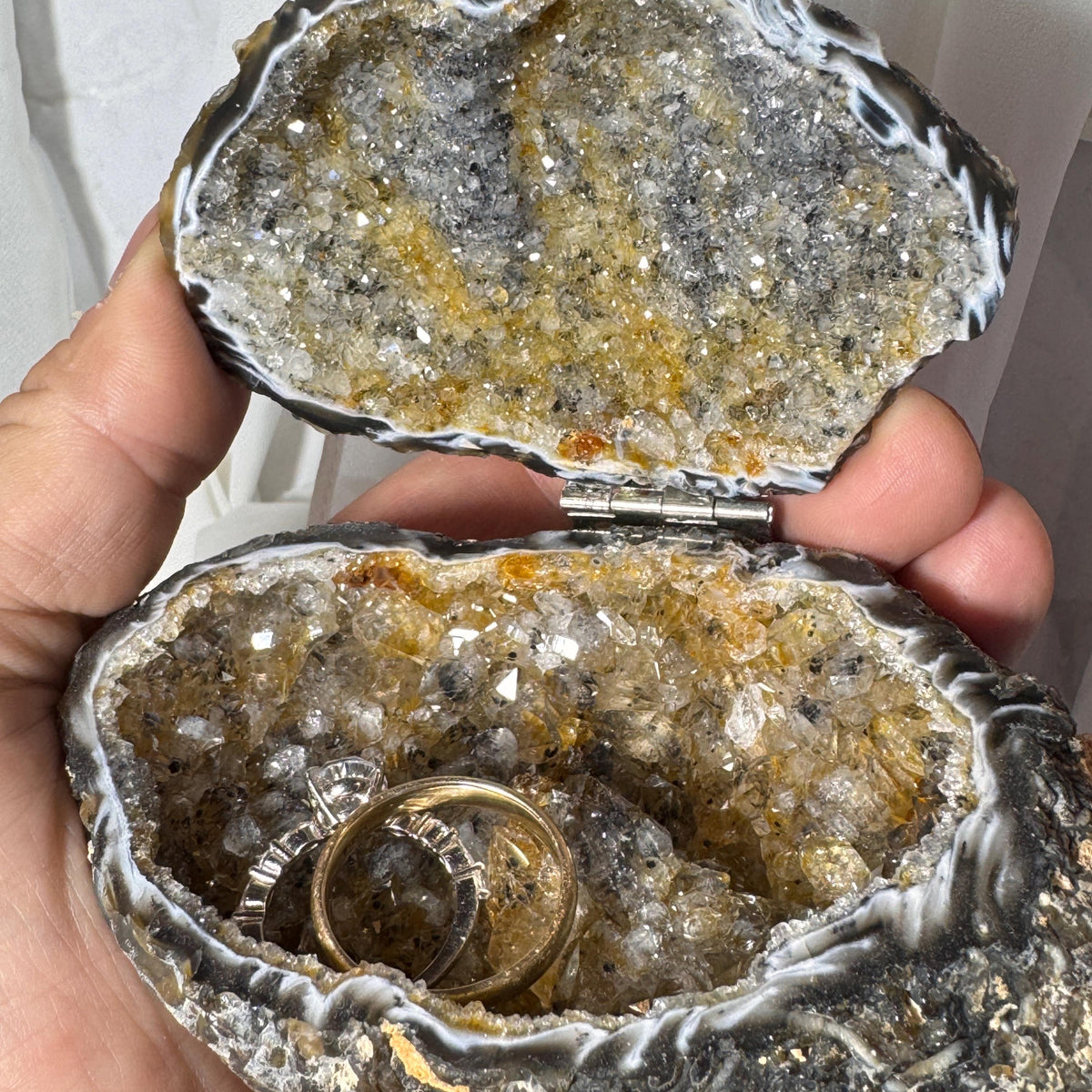 [shopname] - One-of-a-Kind Citrine Druzy Geode Ring Box — Natural Brazilian Agate Proposal Keepsake, rock decor