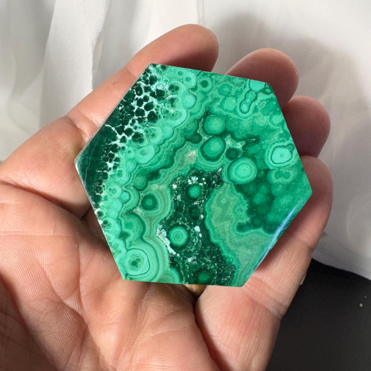 [shopname] - Natural Malachite Trinket Box — Handcarved Stone Jewelry & Ring Box, Hexagon Design, rock decor