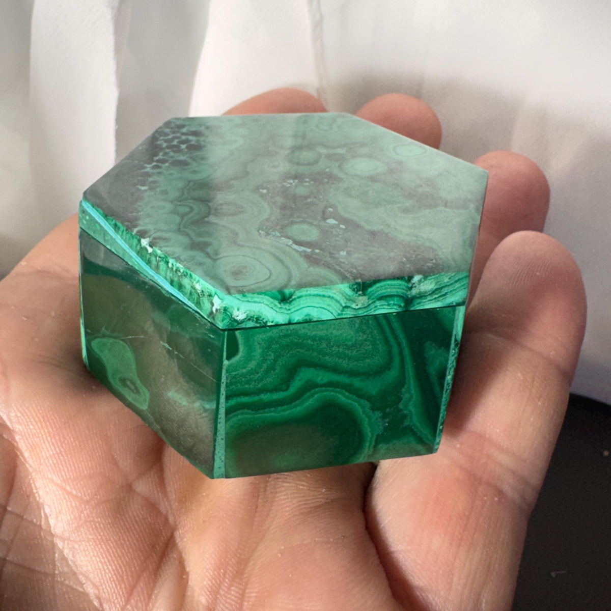 [shopname] - Natural Malachite Trinket Box — Handcarved Stone Jewelry & Ring Box, Hexagon Design, rock decor