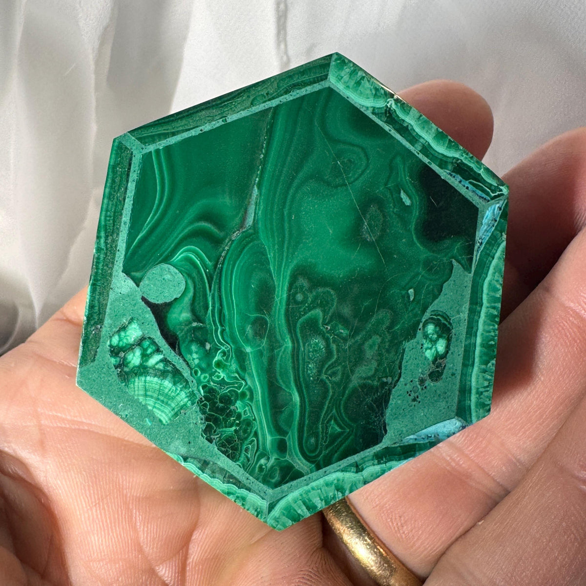 [shopname] - Natural Malachite Trinket Box — Handcarved Stone Jewelry & Ring Box, Hexagon Design, rock decor