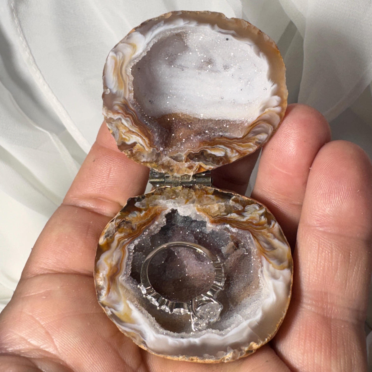 [shopname] - Brazilian Geode Ring Box with Sparkling Druzy Crystal Interior — Natural Agate Proposal Box, rock decor