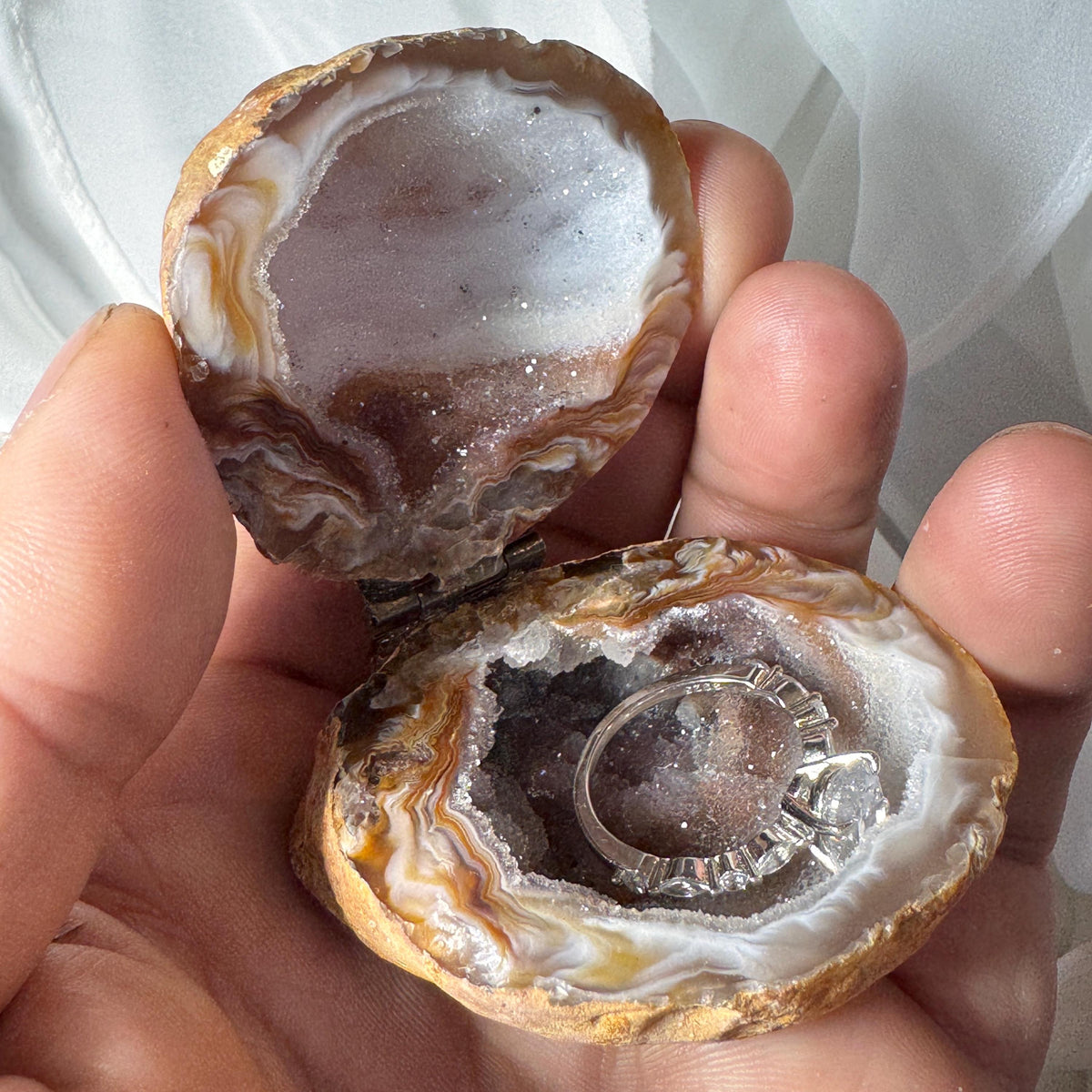 [shopname] - Brazilian Geode Ring Box with Sparkling Druzy Crystal Interior — Natural Agate Proposal Box, rock decor