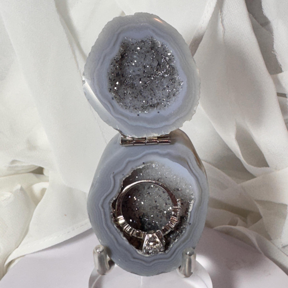 [shopname] - Brazilian Geode Ring Box with Sparkling Druzy Crystal Interior — Natural Agate Proposal Box, rock decor