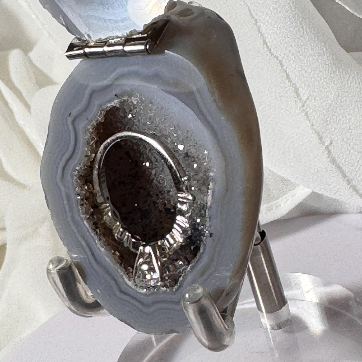 [shopname] - Brazilian Geode Ring Box with Sparkling Druzy Crystal Interior — Natural Agate Proposal Box, rock decor