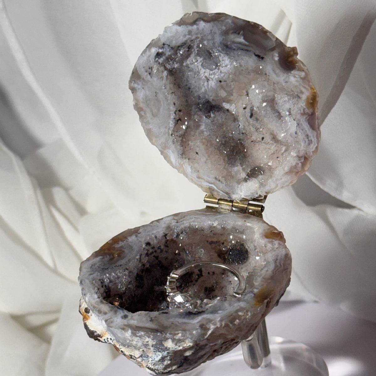 [shopname] - Brazilian Geode Ring Box with Sparkling Druzy Crystal Interior — Natural Agate Proposal Box, rock decor