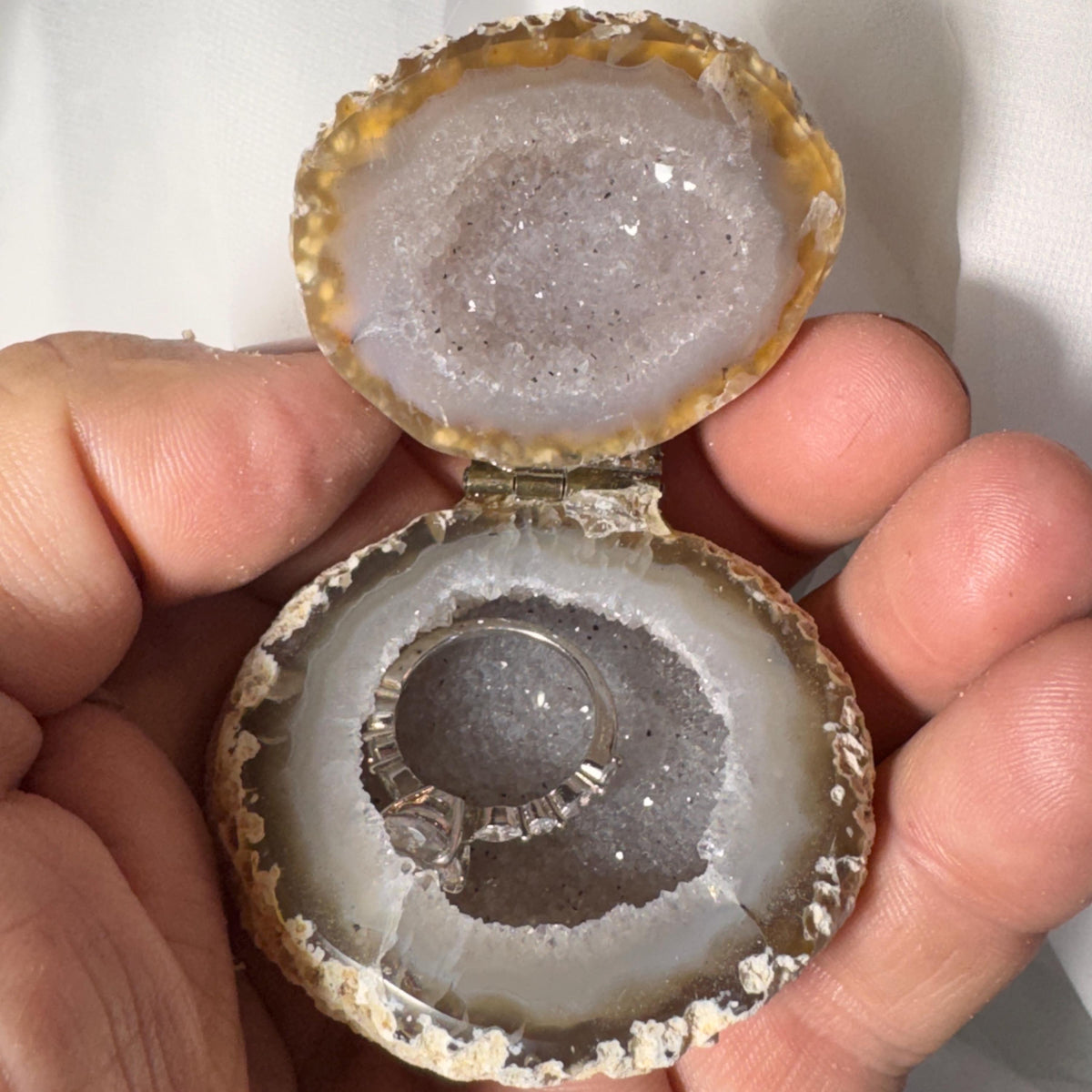 [shopname] - Brazilian Geode Ring Box with Sparkling Druzy Crystal Interior — Natural Agate Proposal Box, rock decor