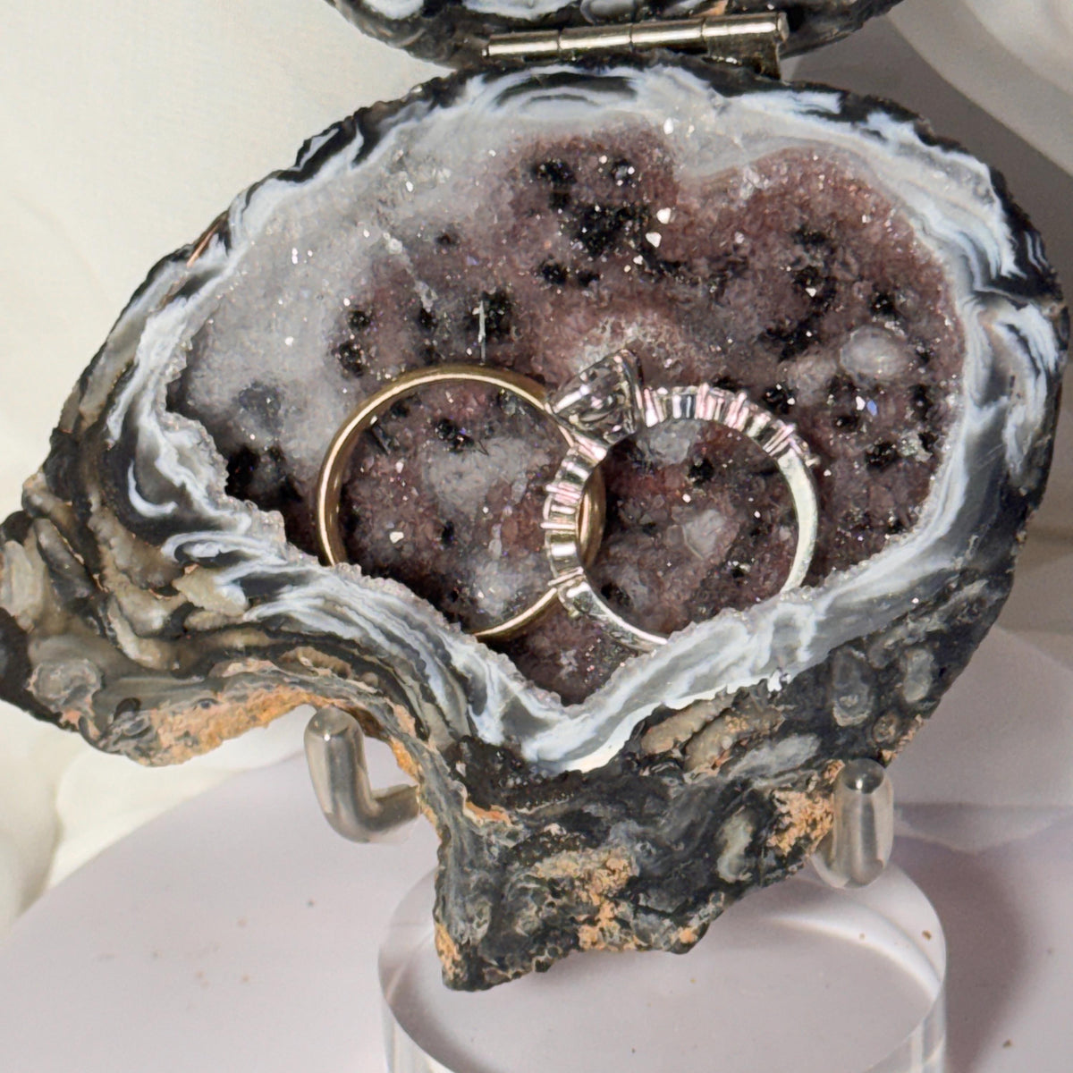 [shopname] - Brazilian Geode Ring Box with Sparkling Druzy Crystal Interior — Natural Agate Proposal Box, rock decor
