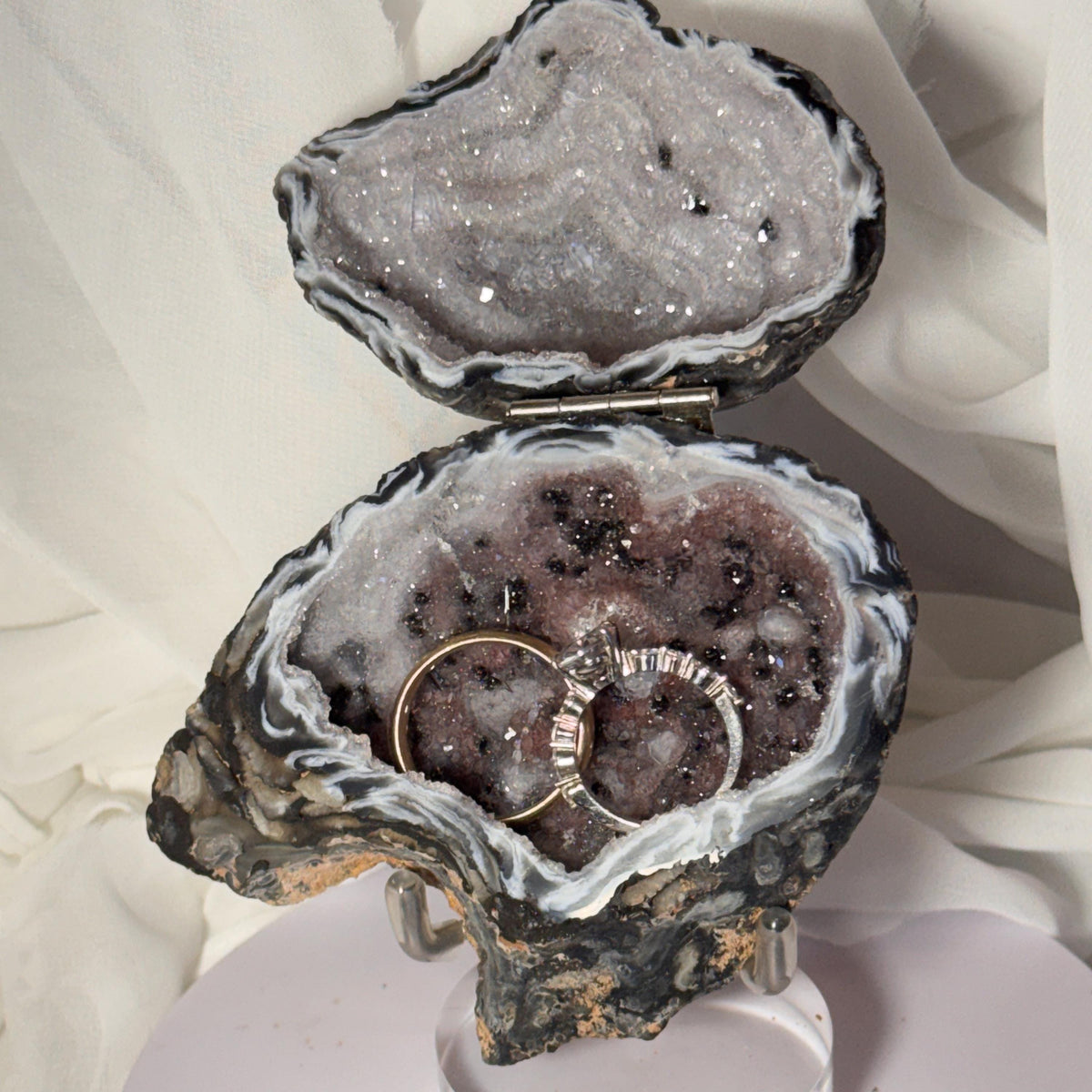 [shopname] - Brazilian Geode Ring Box with Sparkling Druzy Crystal Interior — Natural Agate Proposal Box, rock decor
