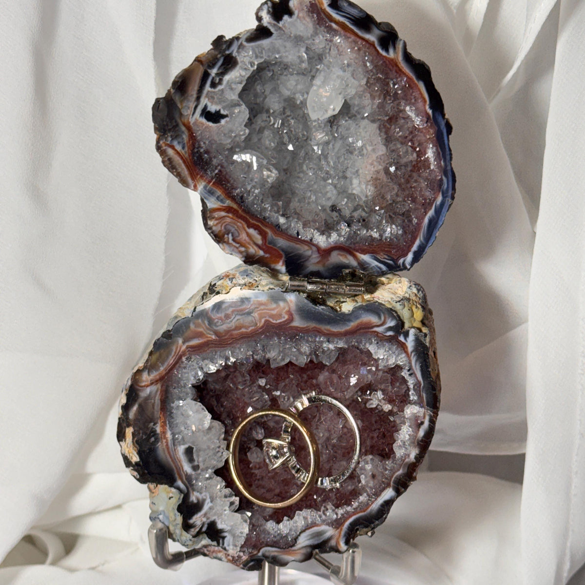 [shopname] - Brazilian Geode Ring Box with Sparkling Druzy Crystal Interior — Natural Agate Proposal Box, rock decor
