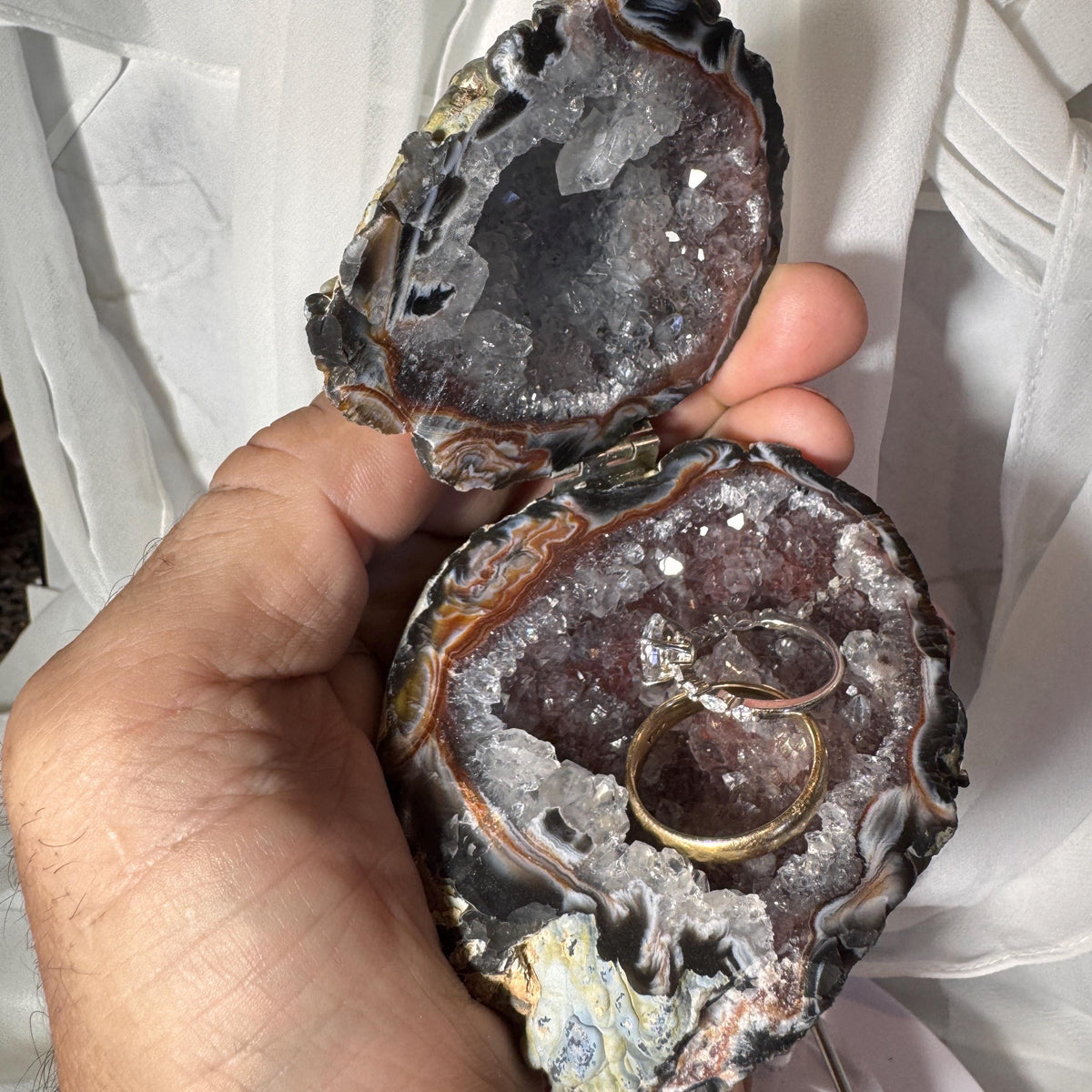 [shopname] - Brazilian Geode Ring Box with Sparkling Druzy Crystal Interior — Natural Agate Proposal Box, rock decor