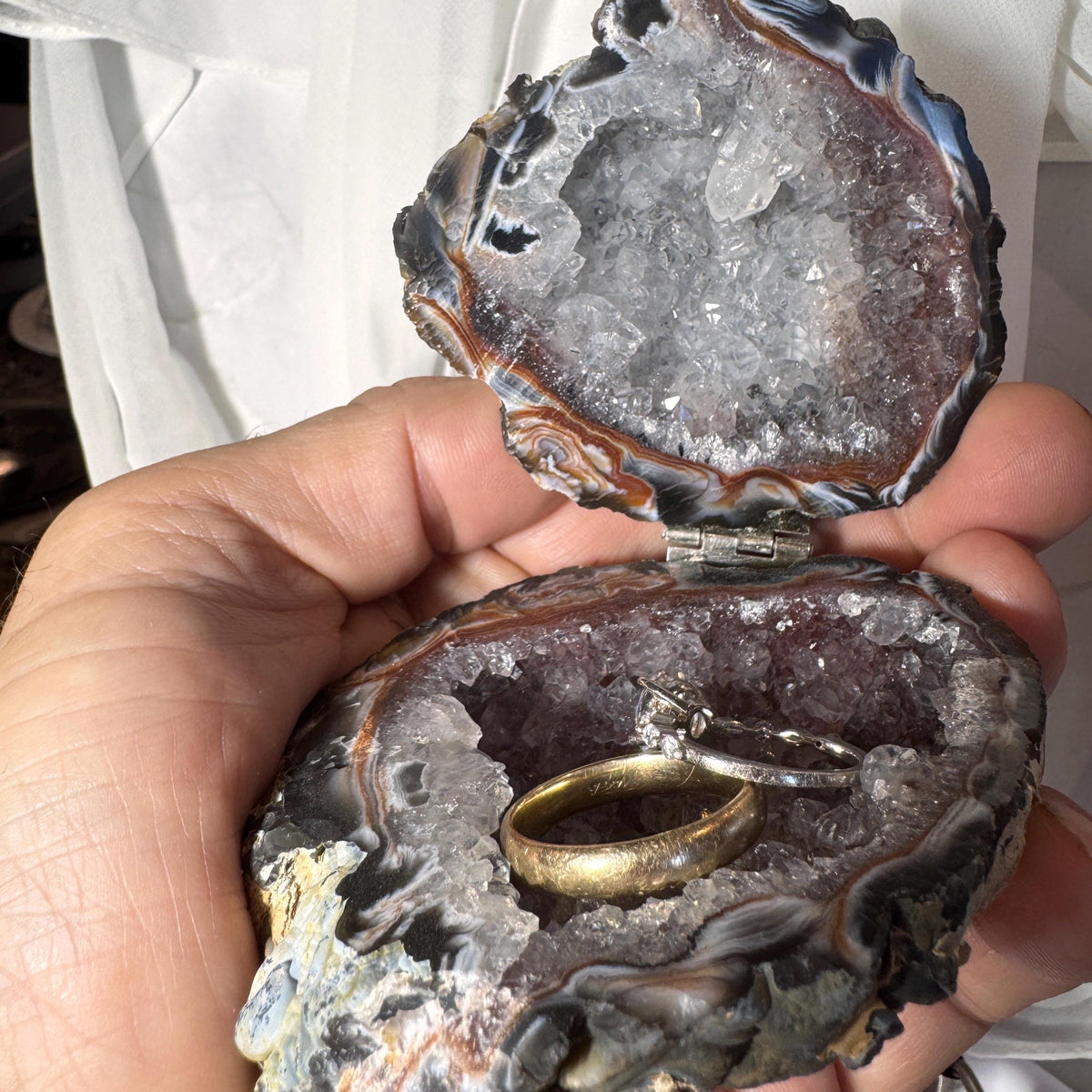 [shopname] - Brazilian Geode Ring Box with Sparkling Druzy Crystal Interior — Natural Agate Proposal Box, rock decor