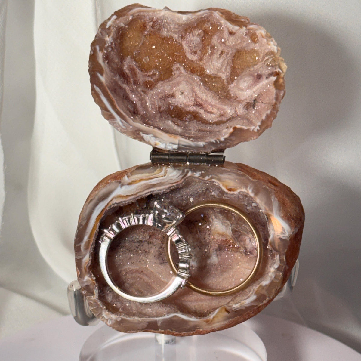 [shopname] - Brazilian Geode Ring Box with Sparkling Druzy Crystal Interior — Natural Agate Proposal Box, rock decor