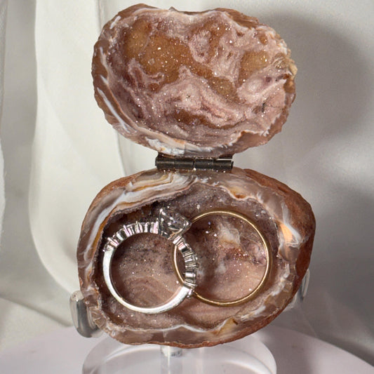 [shopname] - Brazilian Geode Ring Box with Sparkling Druzy Crystal Interior — Natural Agate Proposal Box, rock decor