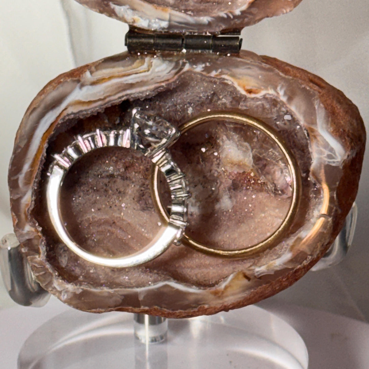 [shopname] - Brazilian Geode Ring Box with Sparkling Druzy Crystal Interior — Natural Agate Proposal Box, rock decor