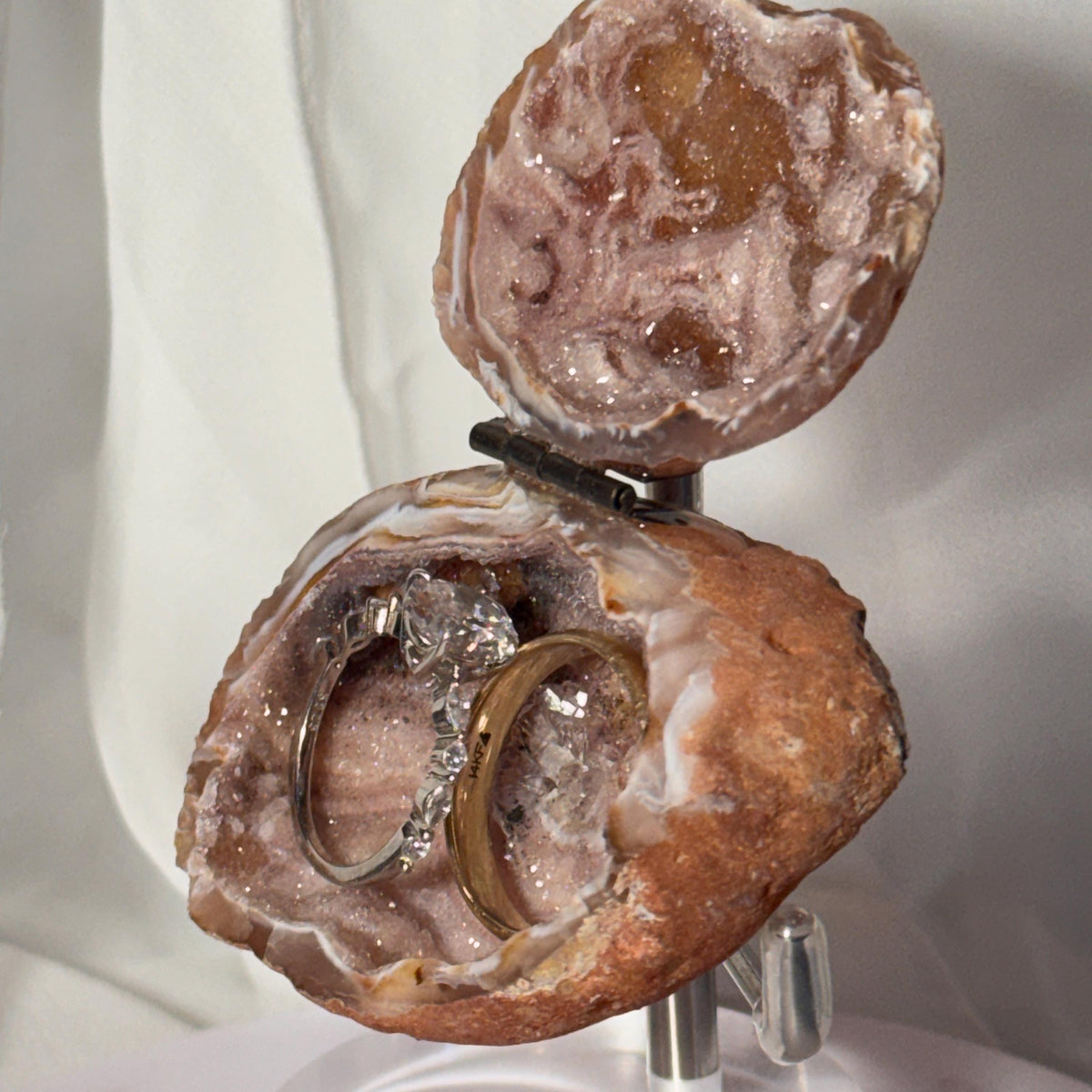 [shopname] - Brazilian Geode Ring Box with Sparkling Druzy Crystal Interior — Natural Agate Proposal Box, rock decor