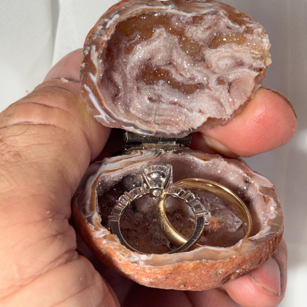 [shopname] - Brazilian Geode Ring Box with Sparkling Druzy Crystal Interior — Natural Agate Proposal Box, rock decor