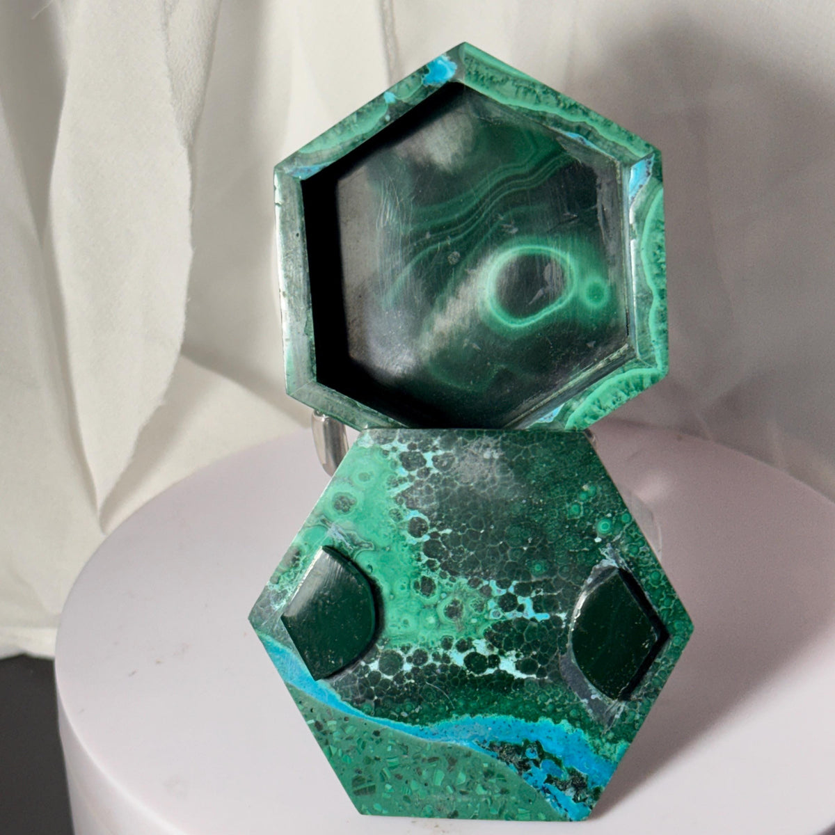 [shopname] - Natural Malachite Trinket Box — Handcarved Stone Jewelry & Ring Box, Hexagon Design, rock decor