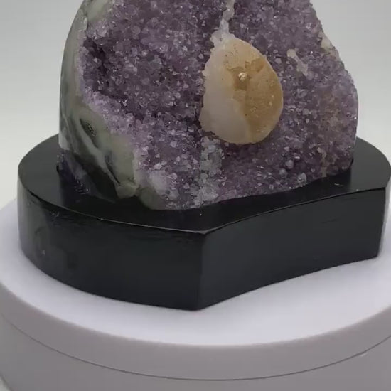 Amethyst Geode Cluster with Calcite Inclusion on Wood Base