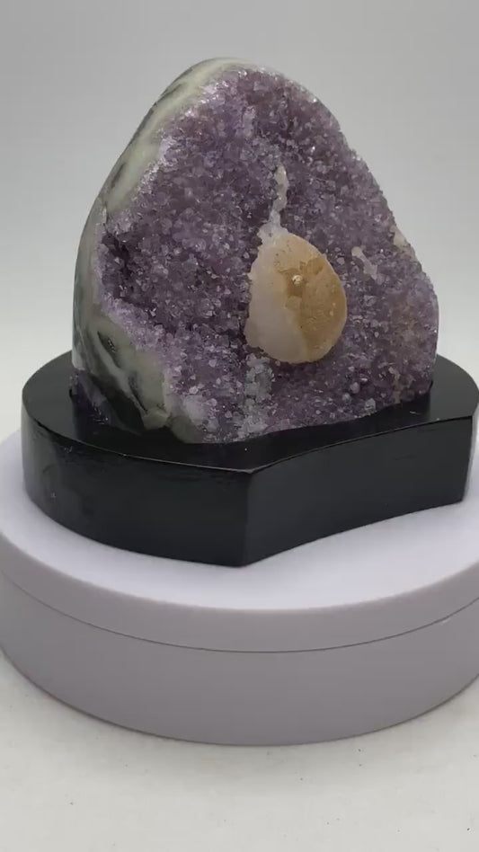 Amethyst Geode Cluster with Calcite Inclusion on Wood Base