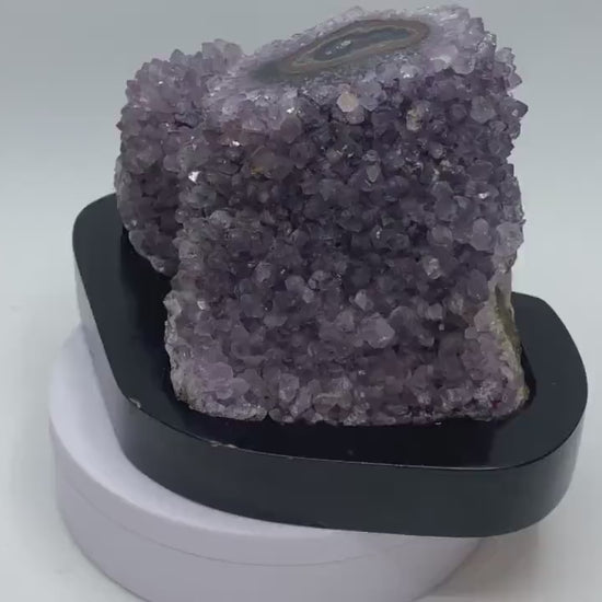 Polished Amethyst Stalactite Geode on Wood Base