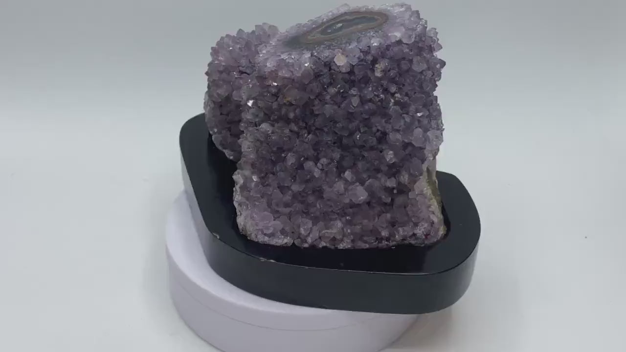Polished Amethyst Stalactite Geode on Wood Base