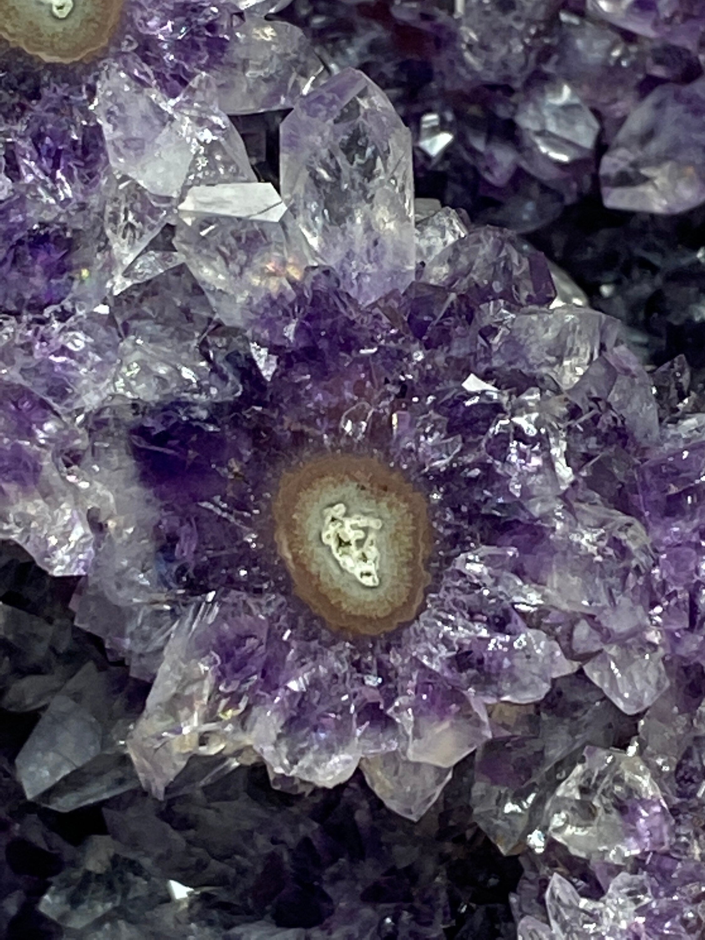 Dark purple amethyst cluster with stalactite eyes