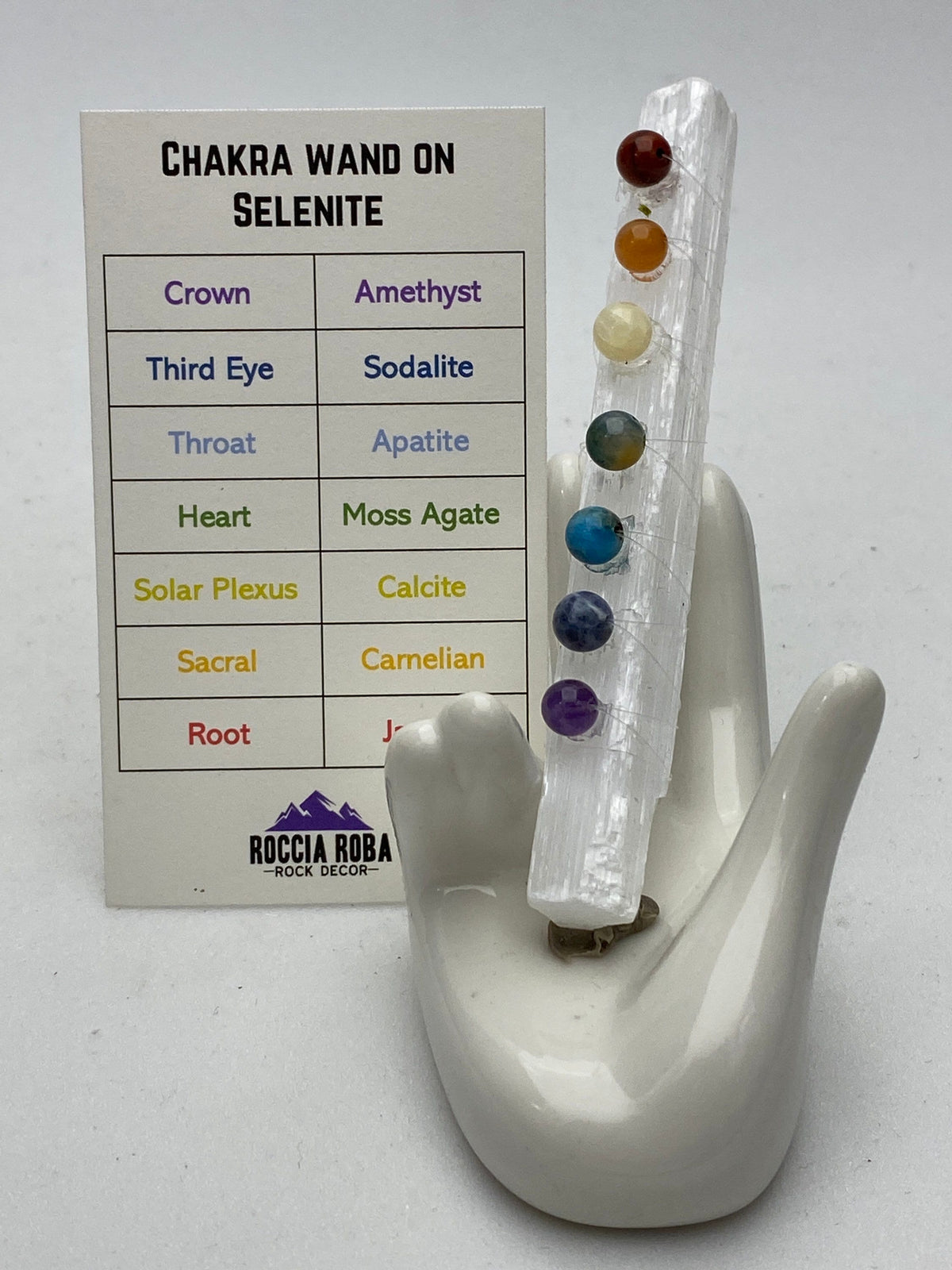 Seven Chakra stones on a selenite crystal wand