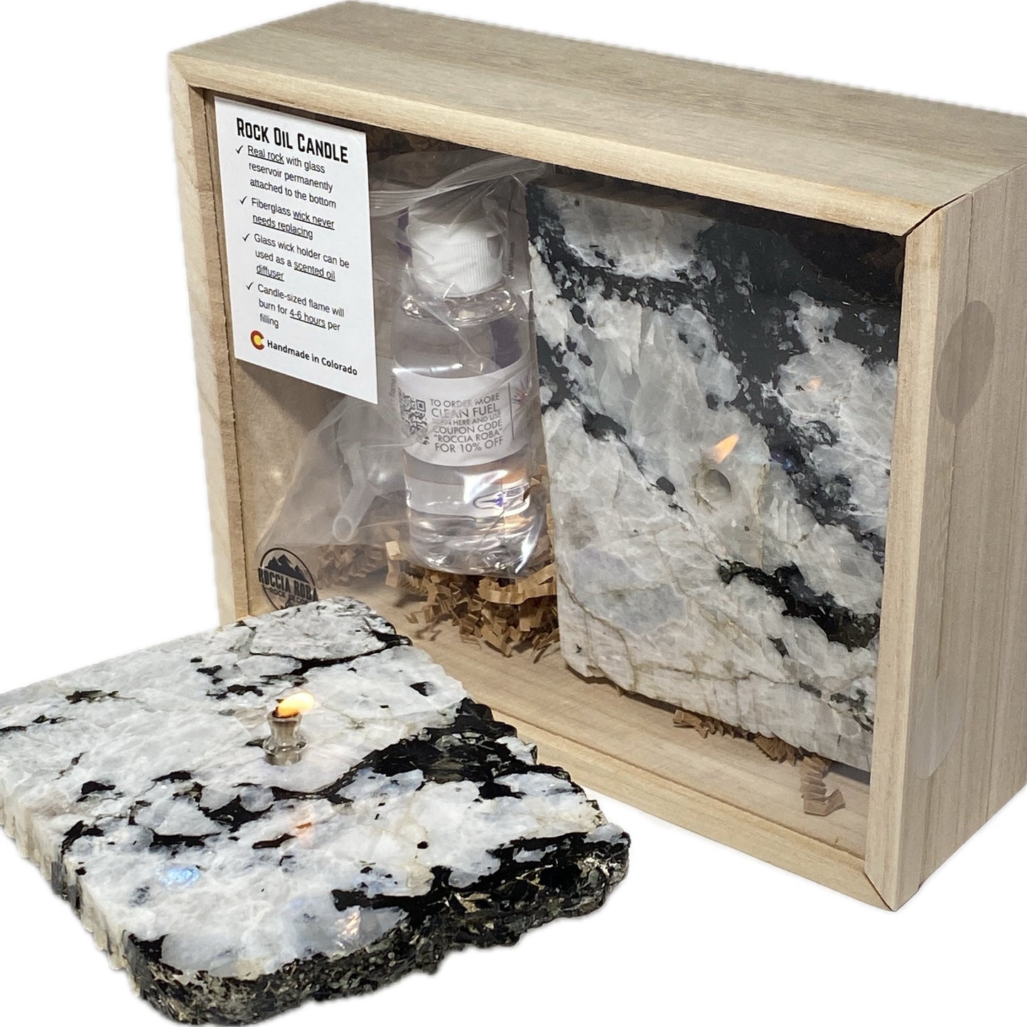 Rock Candle gift box - Rainbow Moonstone | agate oil candle, rustic decor, rock or candle lover gift, table centerpiece, stone oil candle